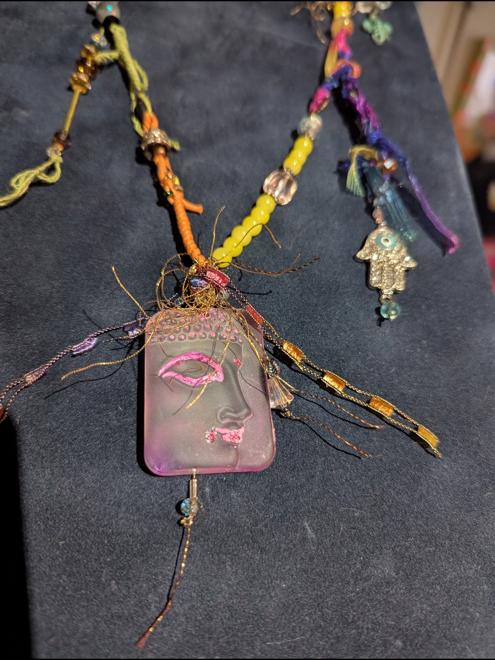 Bohemian Pink Buddha Glass Pendant Necklace with Multicolor Beads - Picture 9 of 10